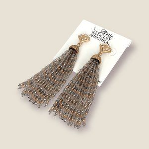 NEW Badgley Mischka Gold Fan Pewter Beaded Tassel Fringe Statement Boho Earrings